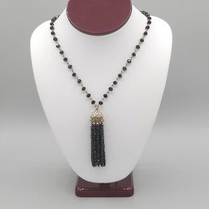 Womens Gold Tone Metal and Black Beaded Fashion Necklace Tassel Pendant 24 in